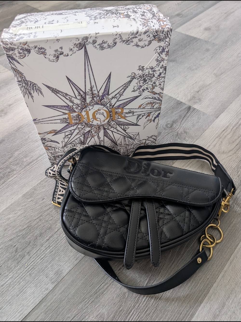 D*ior Black Quilted Saddle Crossbody with Striped Strap